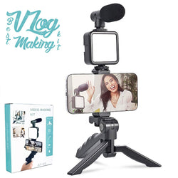 AY-49 All-in-One Vlogging Kit – Microphone, LED Light, Tripod & Mobile Holder