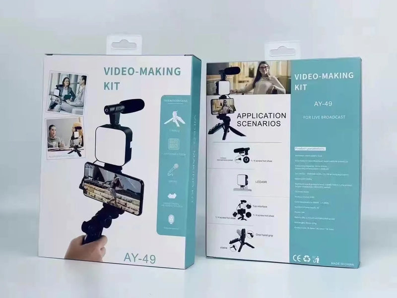 AY-49 All-in-One Vlogging Kit – Microphone, LED Light, Tripod & Mobile Holder