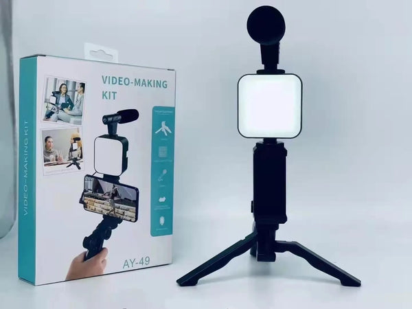 AY-49 All-in-One Vlogging Kit – Microphone, LED Light, Tripod & Mobile Holder