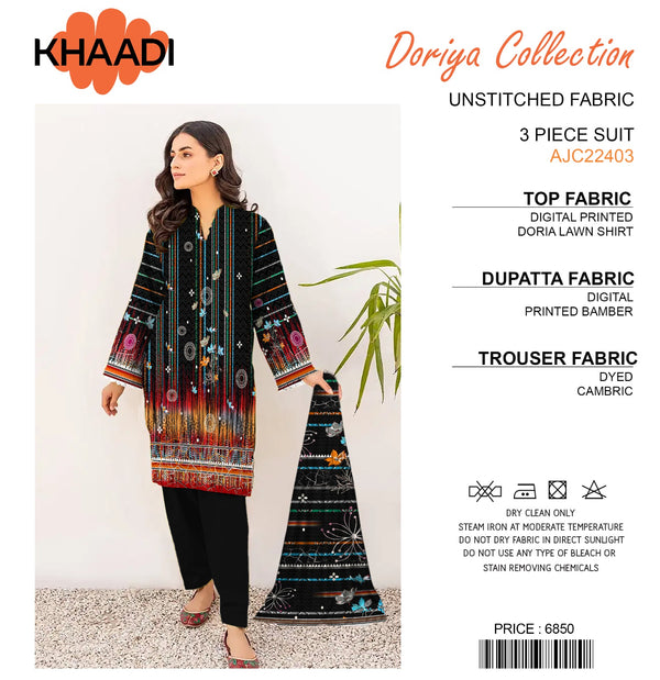 Khaadi Doriya Collection 3 Pcs digital Lawn, Unstitched fabric lawn